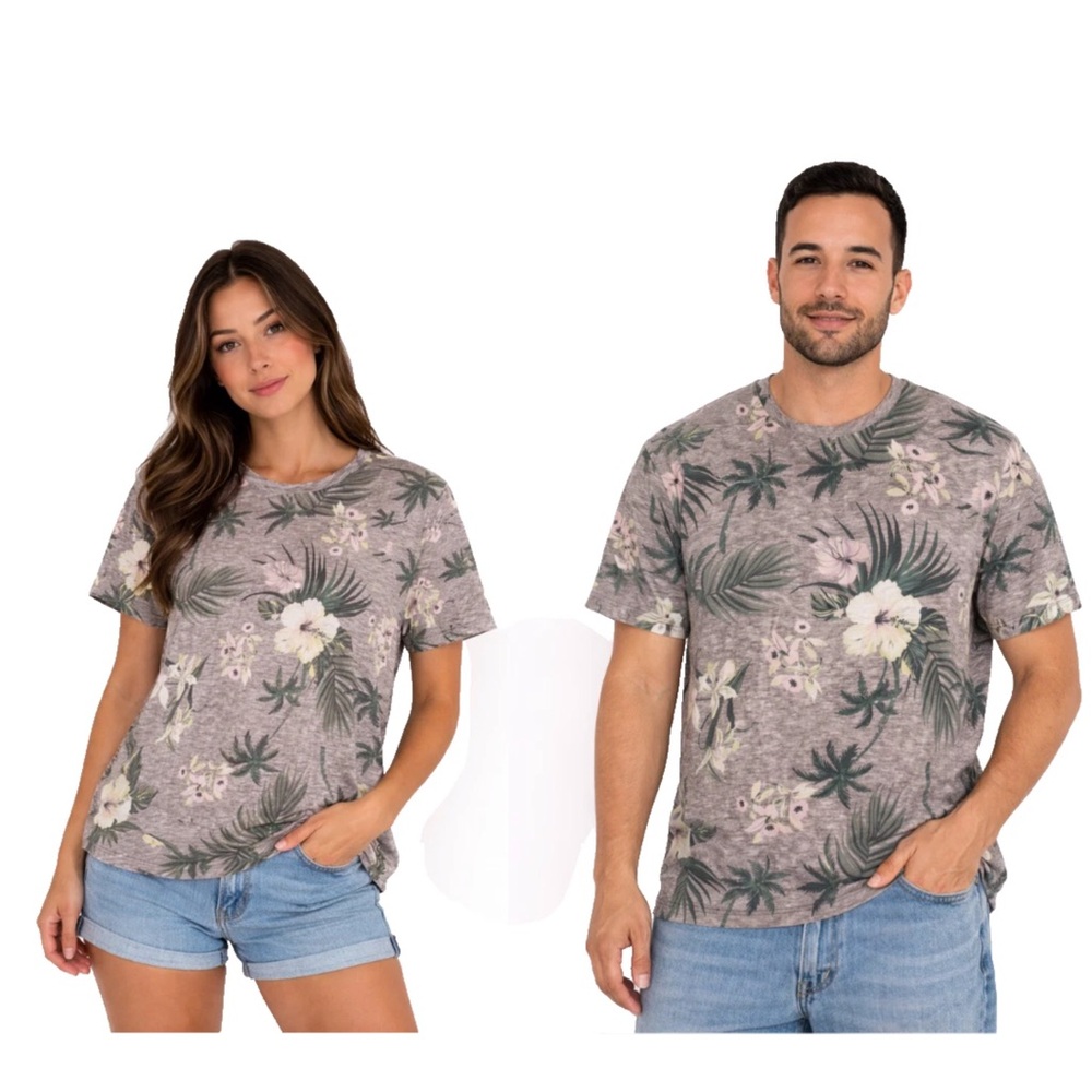 T-Shirt Muted Tropical Floral Palm Print Crewneck Tee boxy boho Surfer vibe sz L